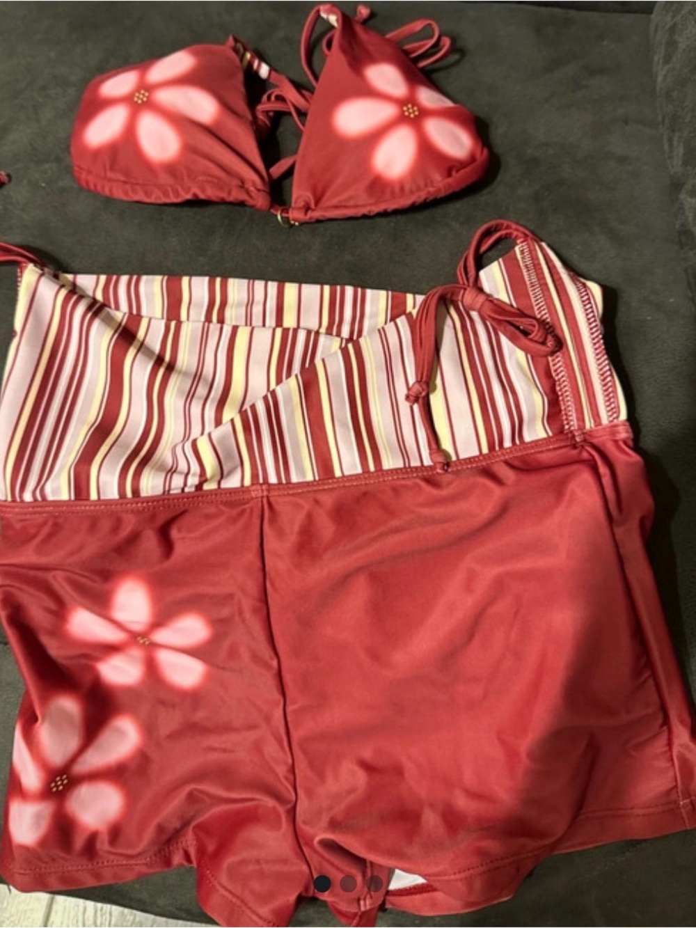 Girls' Red Floral Two-Piece Swim Set with Striped Waistband